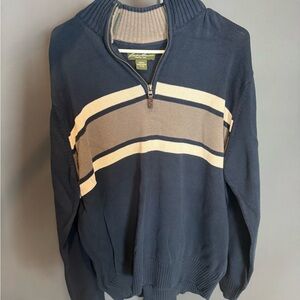 Eddie Bauer Navy Half-Zip Sweater with Cream and Gray Stripes